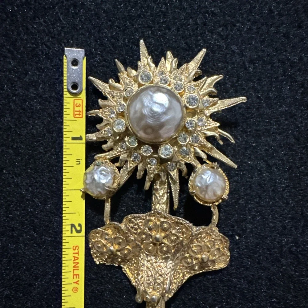 Rare Vintage Frederick Mosell Flower Brooch Large Gold Tone Signed Faux Pearls